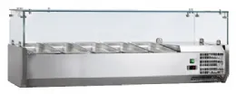 Vitrine à ingrédients réfrigérée inox avec pare-haleine verre, 4 GN 1/3 + 1 GN 1/2-150, +2/+8°C, L 1400 mm - l2g - VRX1400/380